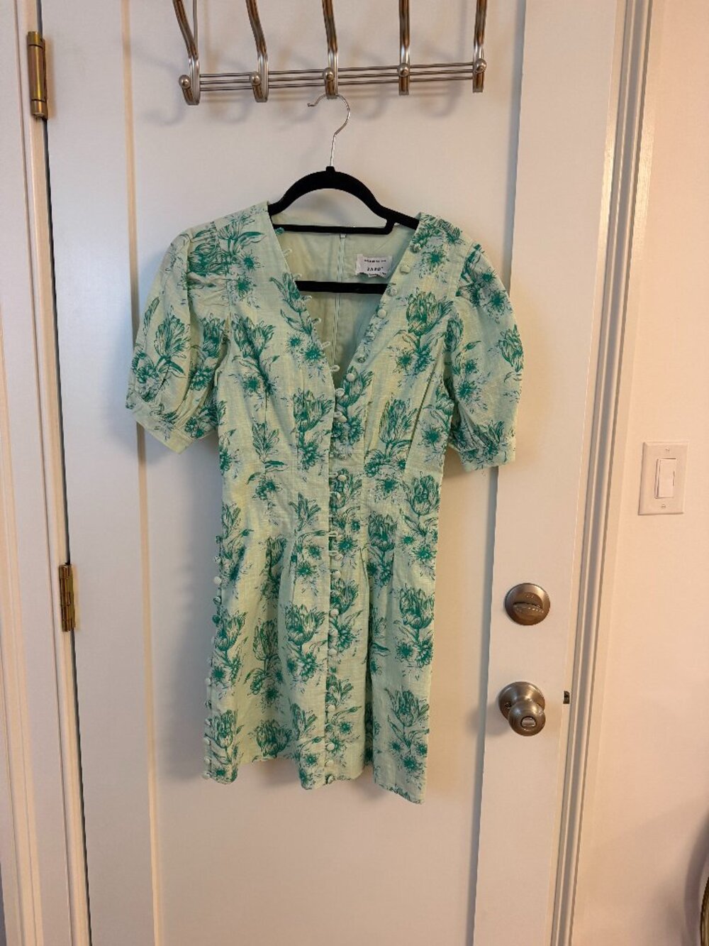 Sabo Mint Green Floral Puff-Sleeve Mini Dress (XS)